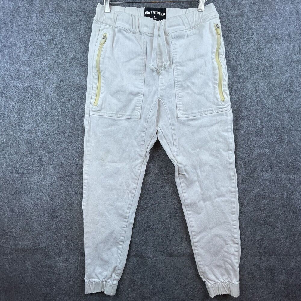 Been Trill Pants Mens Small White Denim Joggers Drawstring Stretch Streetwear